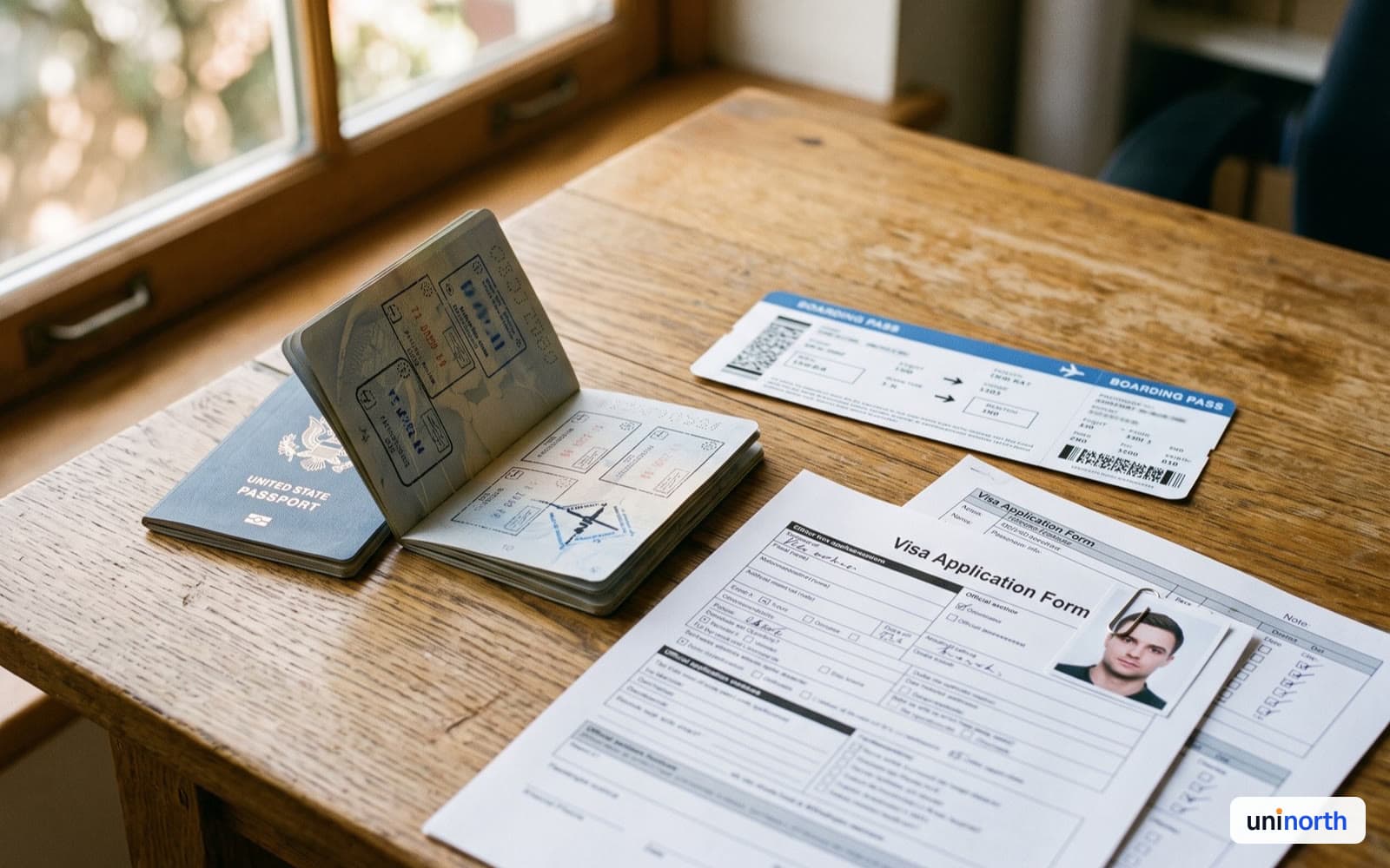 Passport and residence-permit paperwork on a desk