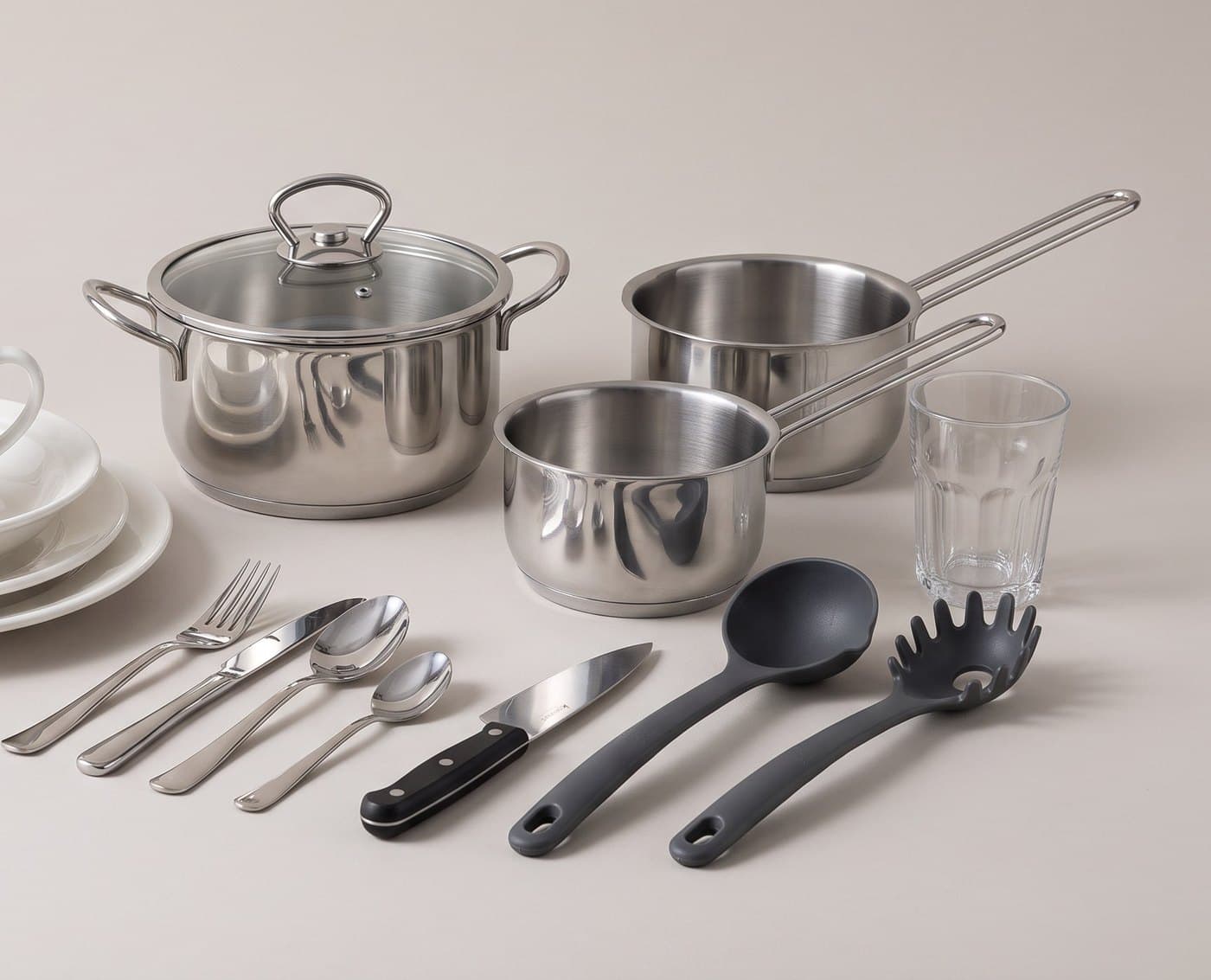 Kitchen Kit: pots, pans, plates, cutlery, glasses and utensils
