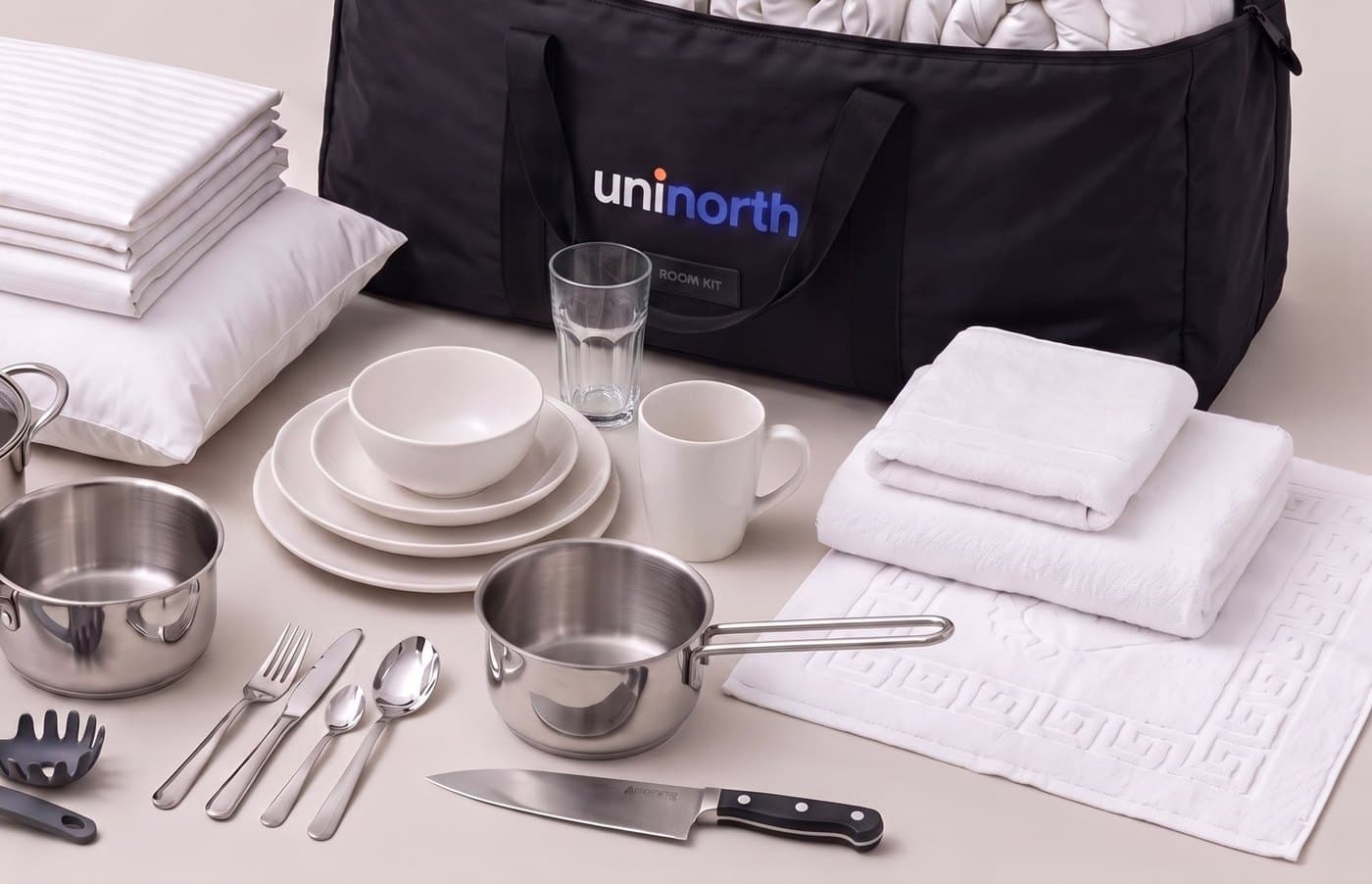 Room Kit: bedding and full kitchenware packed in a branded holdall