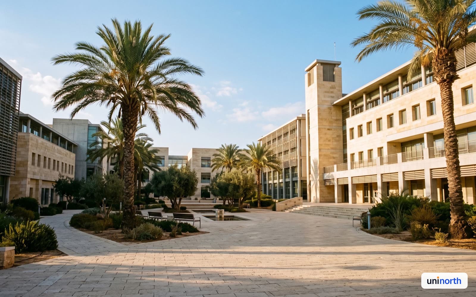 University campus courtyard with students walking