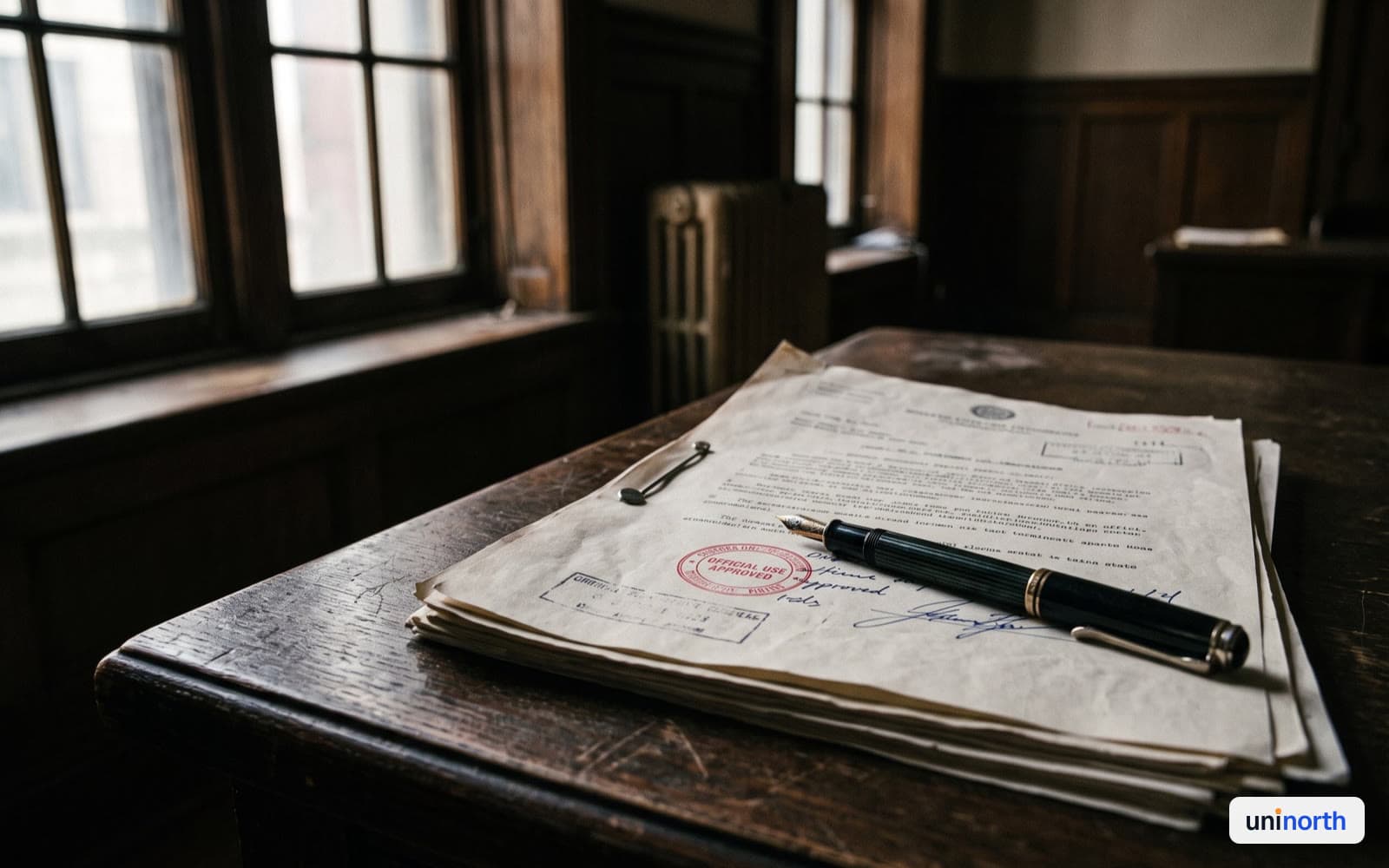Official documents and a stamp on a government desk