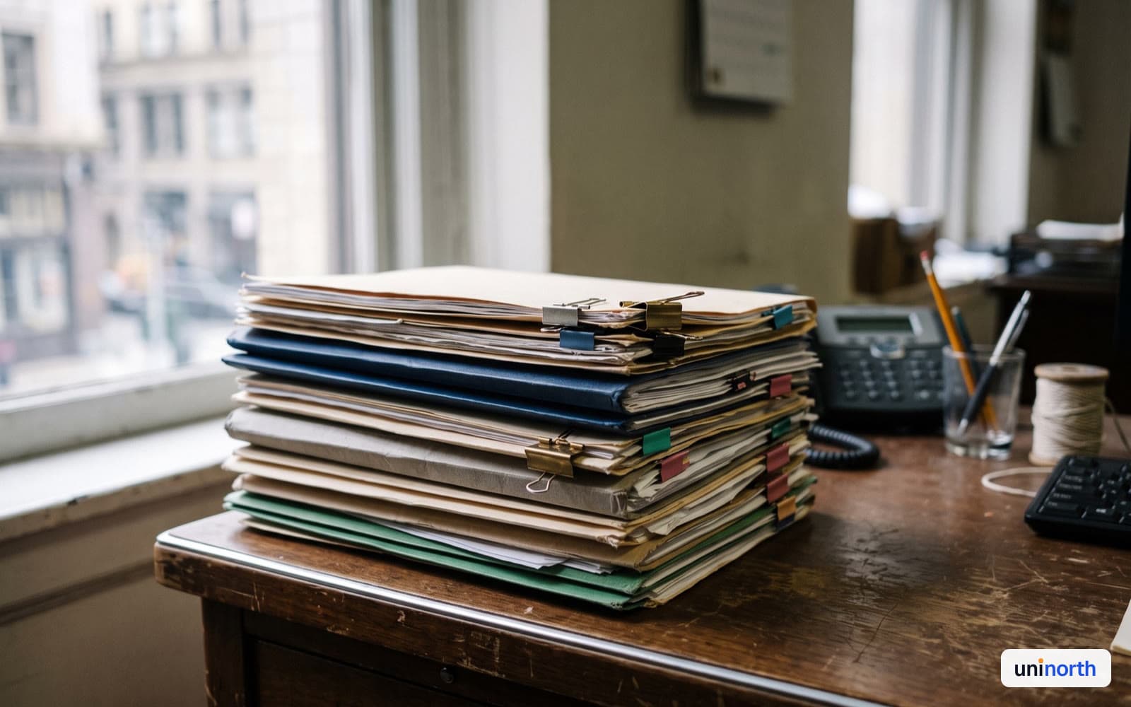 Official documents and a stamp on a government desk