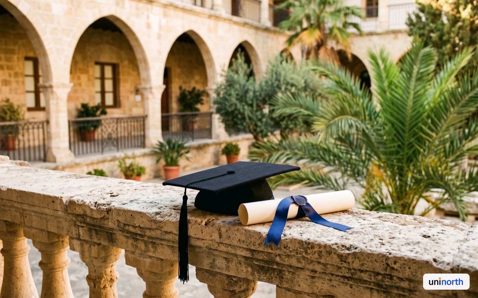 Graduation cap on a stack of books in warm window light
