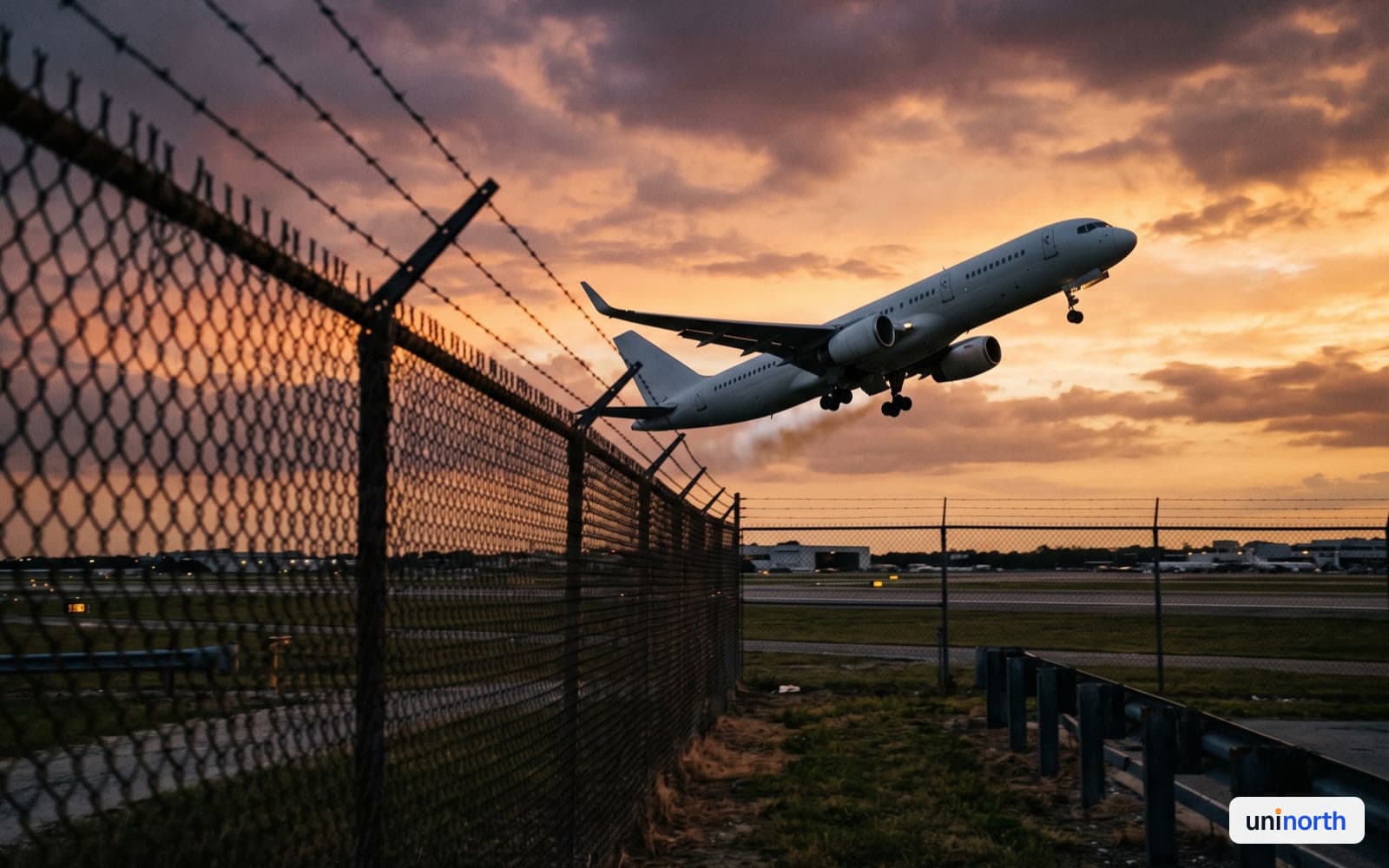 Passenger airplane climbing after takeoff at dusk