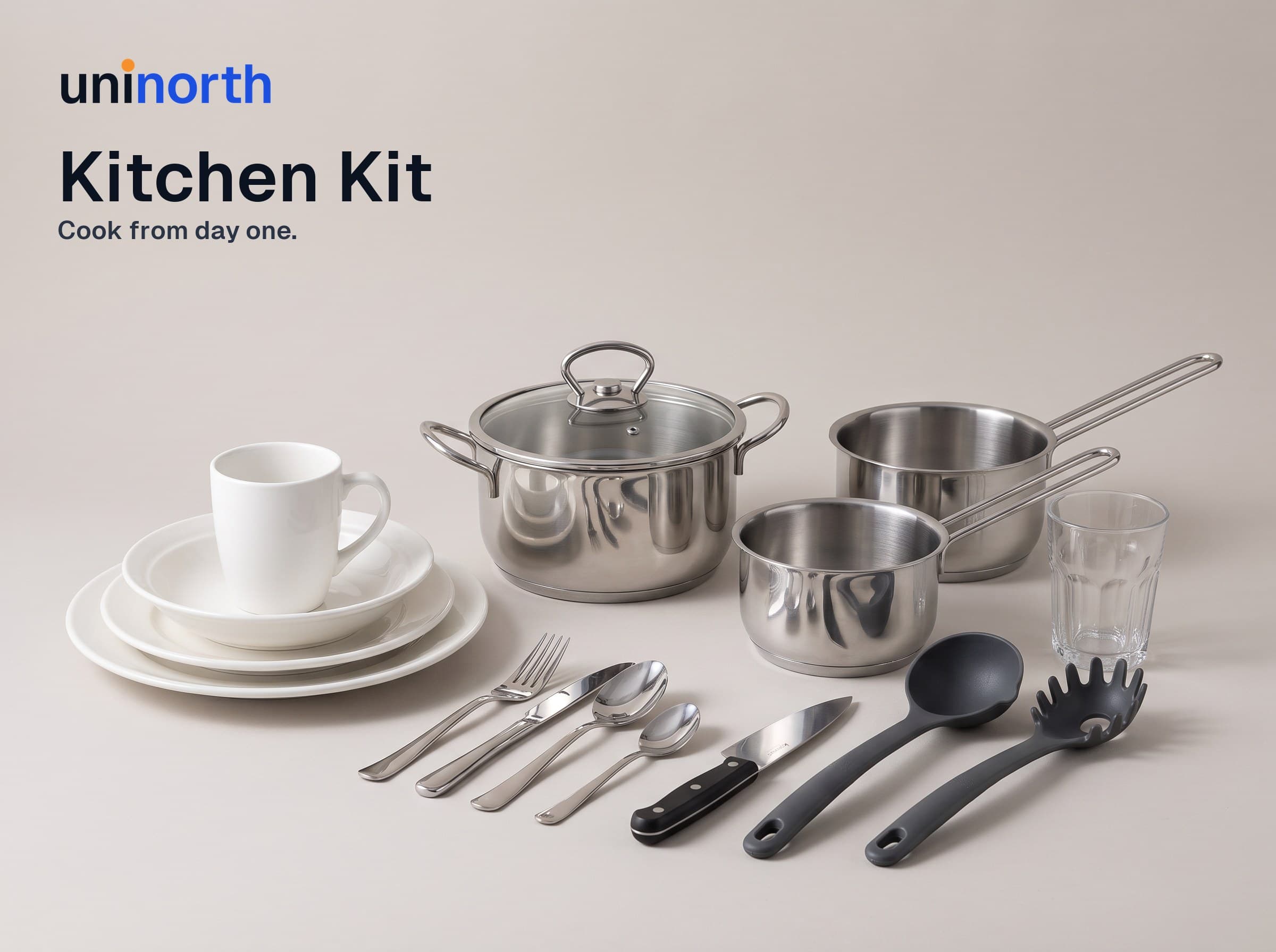 Kitchen Kit: steel pot with lid, saucepans, plates, mug, glass, cutlery, santoku knife, ladle and pasta spoon