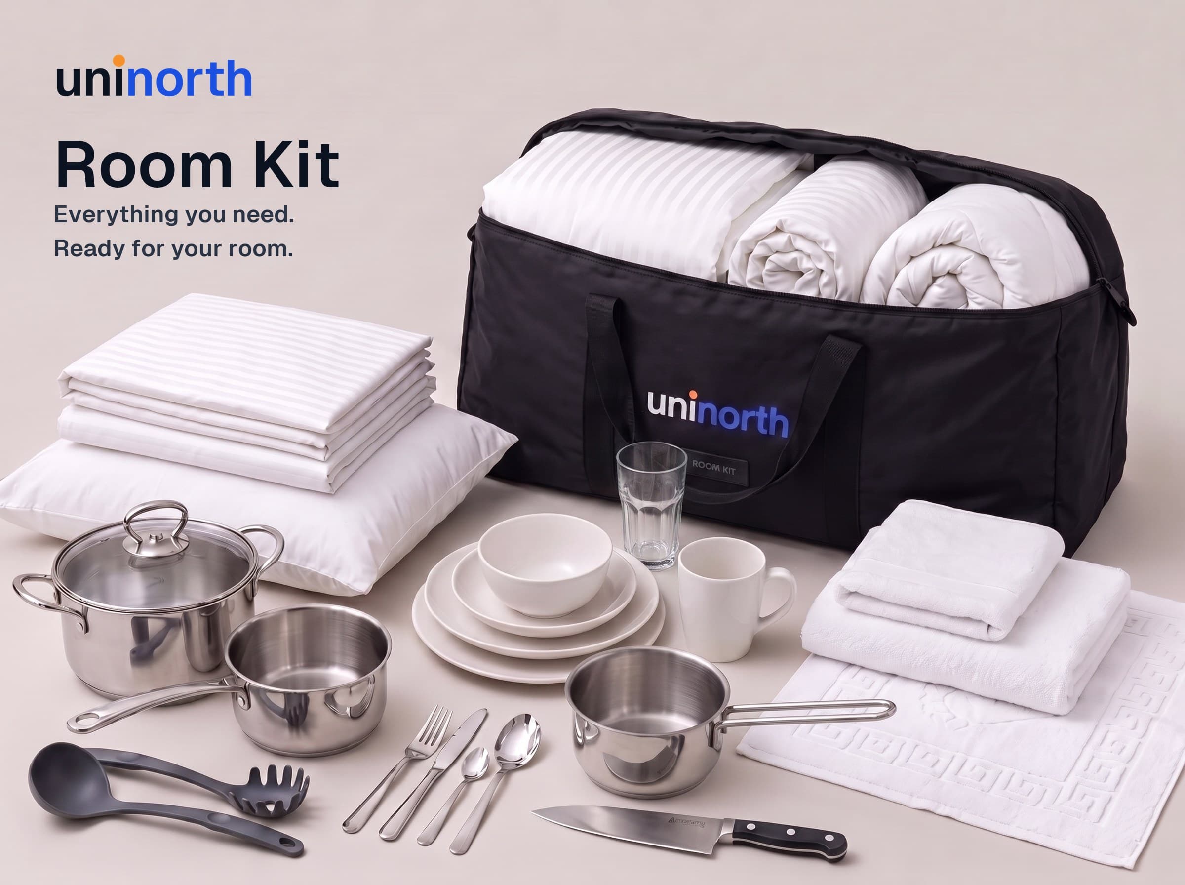 Room Kit: bedding, towels, pots, plates and cutlery packed with the black UniNorth carry bag
