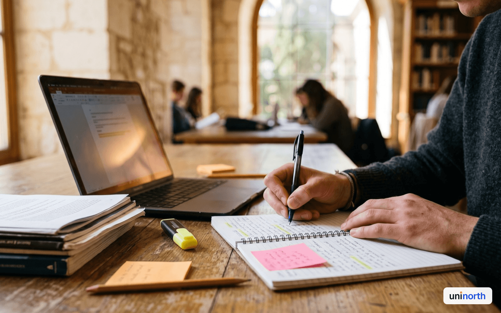 Student writing notes beside a laptop on a library desk