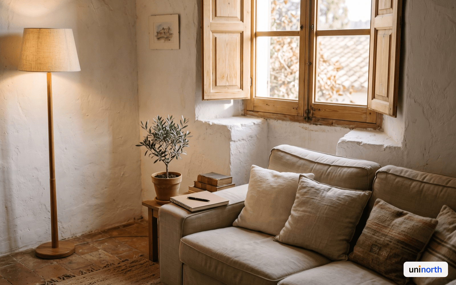 Calm student support corner with shuttered window and warm southern light