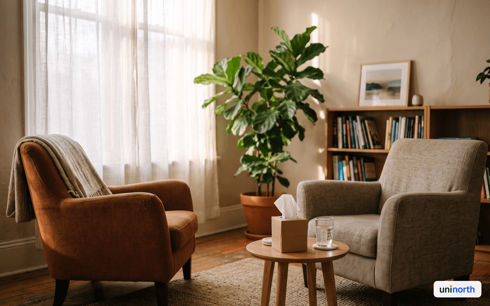 Quiet counseling room with two armchairs and warm daylight